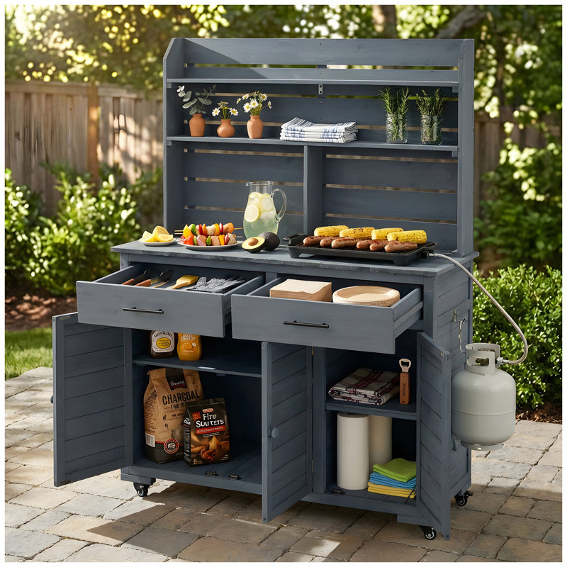 (Assembly Video) TOPMAX 65''H Large Garden Potting Bench with Lockable Wheels and Storage Cabinet, Wood Outdoor Kitchen Island Prep Cart with Hutch Top, Drawers and Removal Shelves for Grilling, Gray