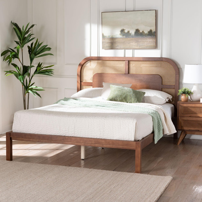 Baxton Studio Raewyn Wood Platform Bed -  Low Profile Bed Frame With Decorative Rattan Weave Inlay And Rounded Headboard, Queen