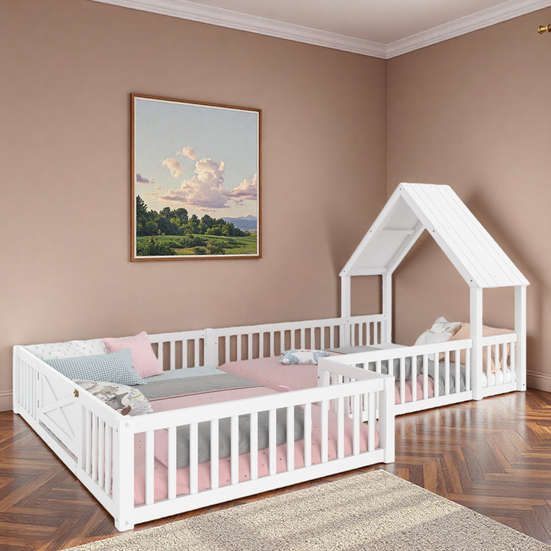 Lit House House avec porte et garde-corps pleine longueur, Double, Blanc / Blanc