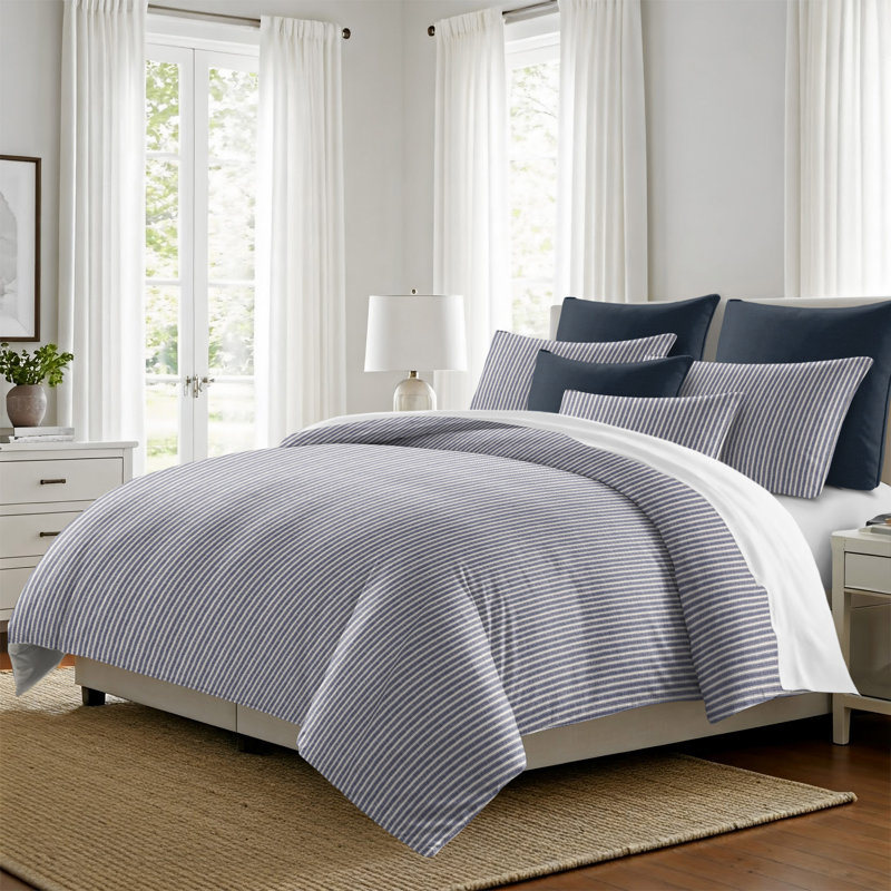 Walker Ticking Stripe Indigo/Ivory Cotton Coverlet Set, Full Coverlet / Bedspread + 2 Standard Shams