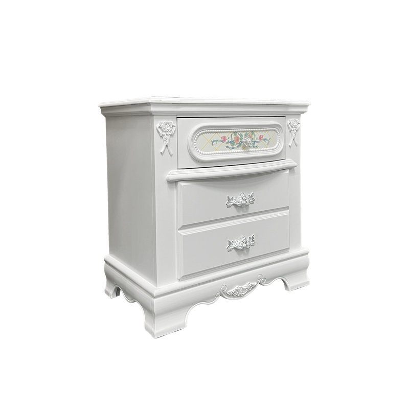 Table de chevet blanche à 2 tiroirs avec motifs floraux