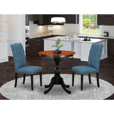 3 Piece Dinette Set for Small Spaces Contains a Round Dining Table with Pedestal and 2 Dark Khaki Linen Fabric Parson Dining Chairs, Mahogany