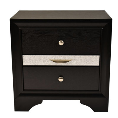 Table de chevet noire à 2 tiroirs pour chambre à coucher - Construction robuste en bois massif avec poignées en métal et finitions combinées.