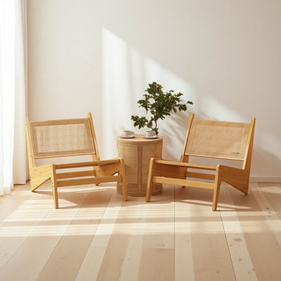 Mid-Century Modern Rattan Accent Lounge Chair, Armless Cane Woven Low Profile Leisure Chair for Living Room Balcony Sunroom