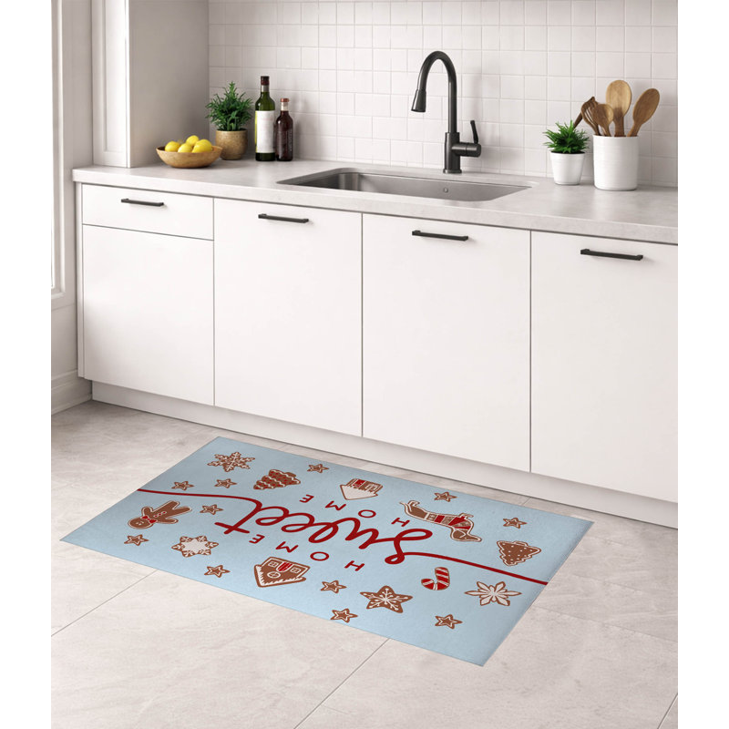 Gingerbread Home Sweet Home Silver Blue Low Profile Kitchen Mat, Silver/Red/White, Rectangle 5' x 7'