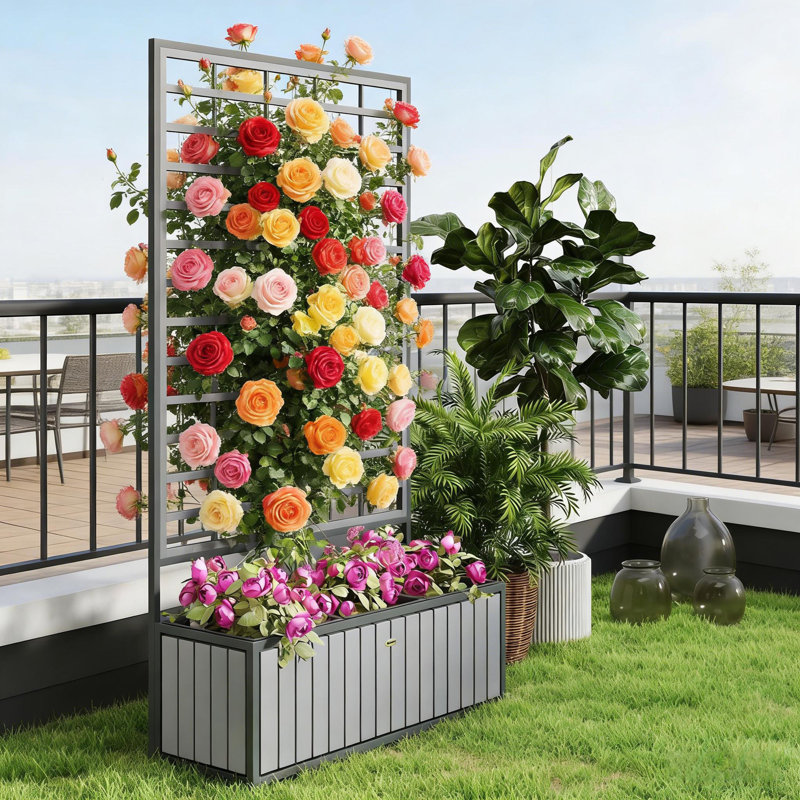 Wooden Raised Garden Bed With Trellis, Gray