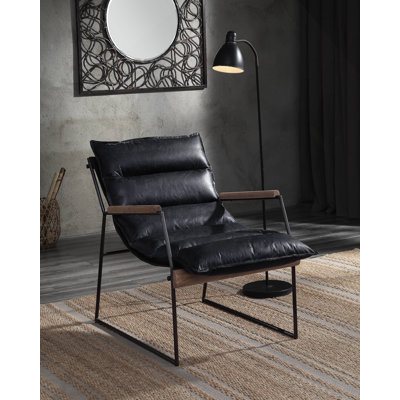 Distress Espresso Top Grain Leather & Matt Iron Finish Accent Chair