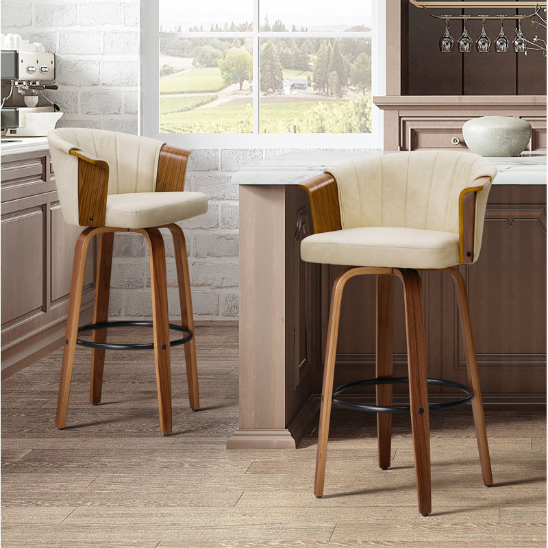 Lesli 30.51'' Swivel Tufted PU Leather Upholstered Counter Stool, Off-White/Brown