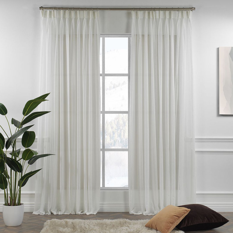 Triple Pinch Pleated Extra Long and Extra Wide Faux Linen Sheer Single Panel, Off White, 75" W x 216" L