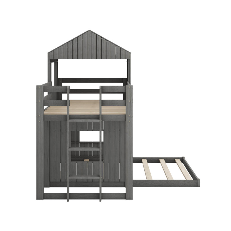 Wooden Twin Over Full Bunk Bed, Loft Bed With Playhouse, Farmhouse, Ladder And Guardrails, Antique Gray