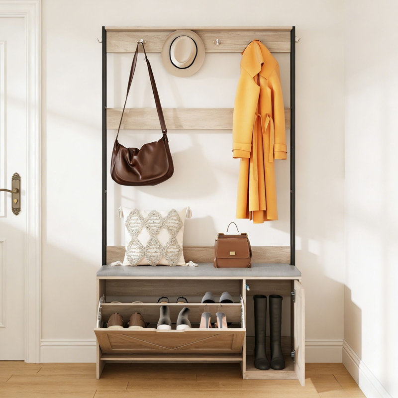 38.58"W Entryway Hall Tree with Bench, Shoe Storage Cabinet & Hooks, Coat Rack Organizer, Natural