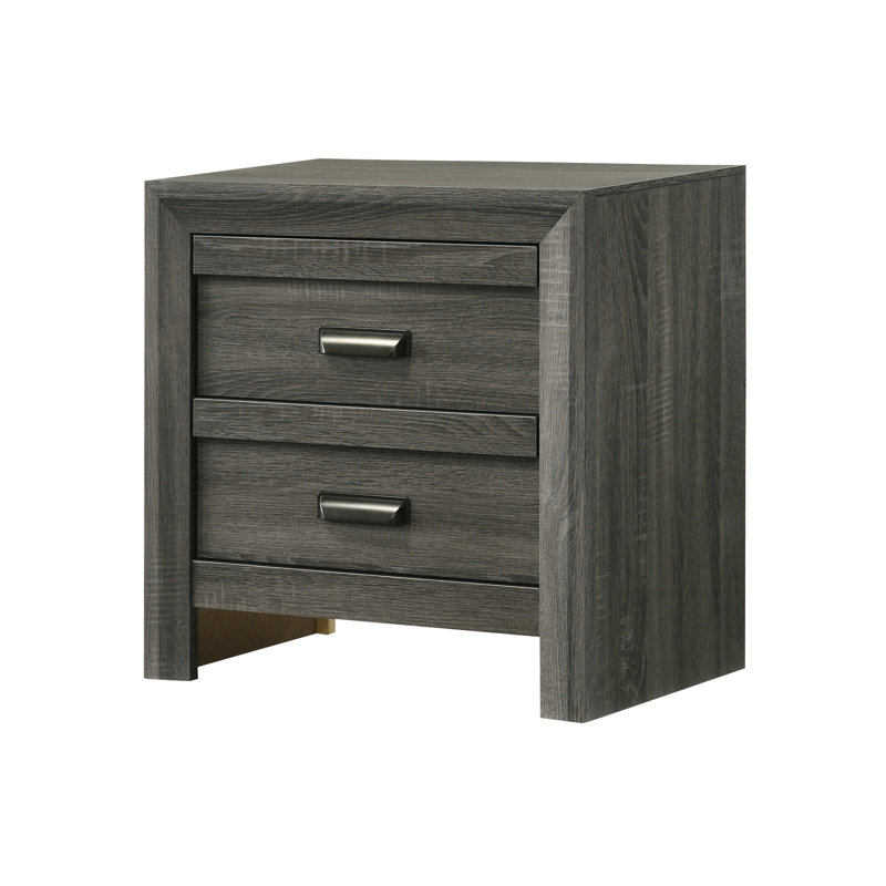 Table de chevet grise à finition rustique avec deux tiroirs, poignée en métal, table de chevet décorative contemporaine, finition, bois