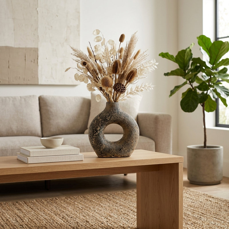 Vase à fleurs haut et ajouré contemporain en terre cuite pour salon - Vase de table sculptural moderne pour la décoration de la maison ou du bureau