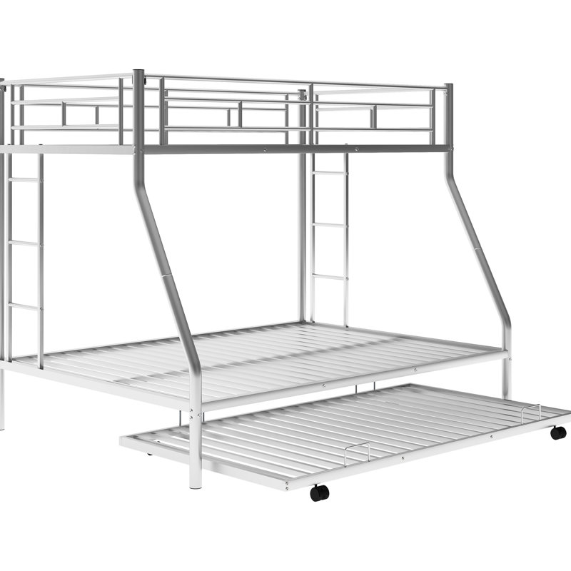 Lit superposé simple au-dessus d'un lit double argenté avec structure en métal robuste et lit gigogne - Deux échelles incluses