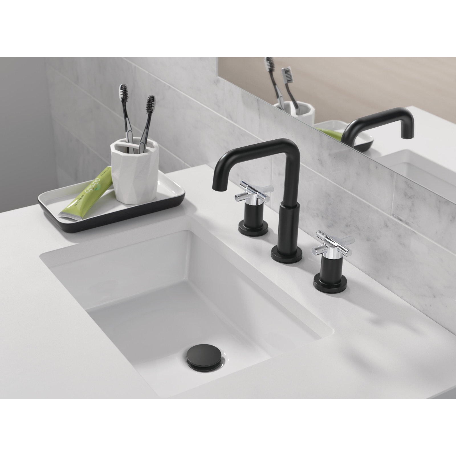 Nicoli Widespread Faucet with Drain Assembly, Black/Chrome