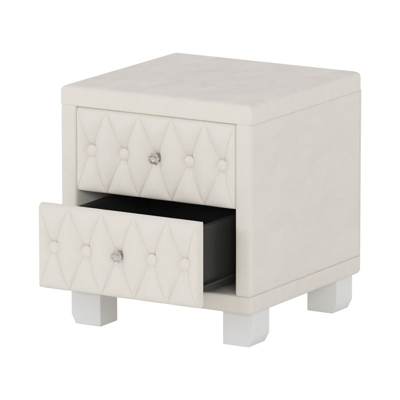 Séduisant, beige, rangement de chevet en velours, 2 tiroirs, cristal orné, motif de boutons, structure élégante, poignées à boutons,