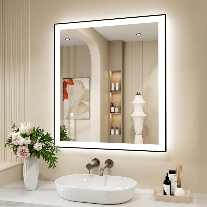 LED Bathroom Mirror With Black Frame, Backlit And Front Lighted Bathroom Mirrors For Wall, 36" x 32"