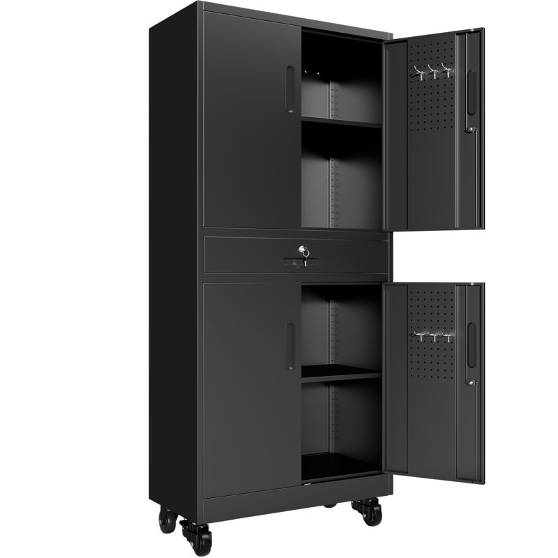 Metal Storage Cabinet with Drawer, 71" Garage Cabinet with Locking Doors and 2 Adjustable Shelves, Heavy Duty Tool Cabinet with Pegboard, 8 Hooks & Rolling Wheels for Home Office Utility