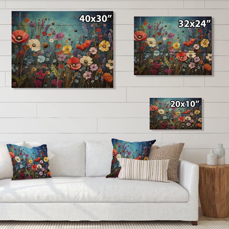 Tapisserie de fleurs sauvages colorées colorées sur bois, H 24 po x l 32 po x P 0,78 po
