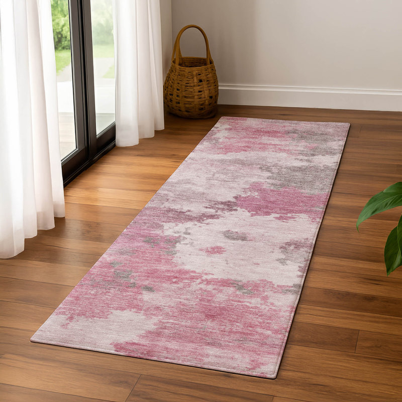 Premium Machine Washable Mayfield AMF2144 abstract Rug, 2'3" x 7'6" Runner, Pink