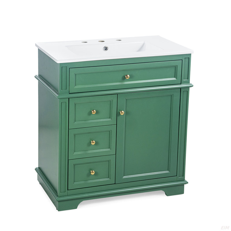 30" Bathroom Vanity With Sink, One Tip-Out Drawer, Three Drawers, Door Shelf, Soft Closing Door