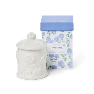 Hydrangea Relief Filled Candle - Fresh Blooms Scent 6.5"H Soy Wax Candle in Fine Bone Porcelain Gift Box