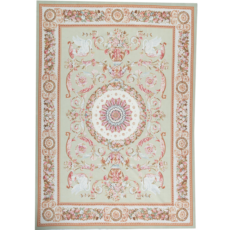 Tapis vert et ivoire noué à la main de haute qualité