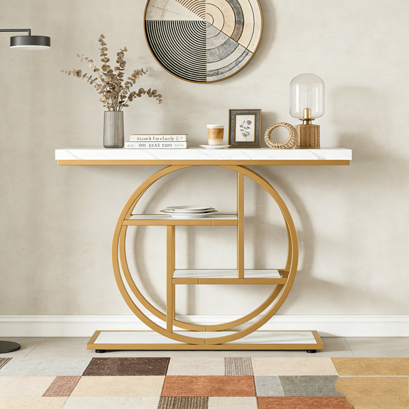 41.3" Industrial Console Table, White & Gold