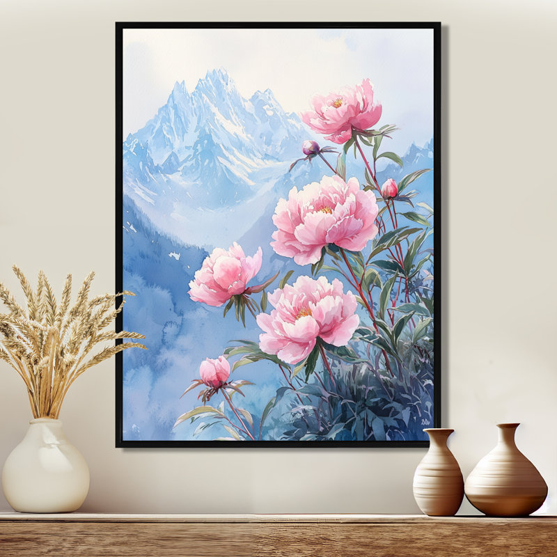 Art sur toile, pivoines par les sommets enneigés III, Noir, Reproduction avec cadre flottant, H 20 po x l 12 po
