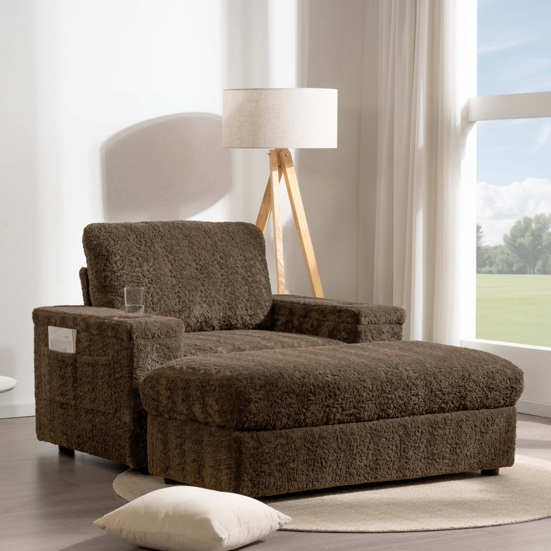 Fauteuil rembourré avec repose-pieds avec rangement et accoudoirs, porte-gobelets, Fausse fourrure brune