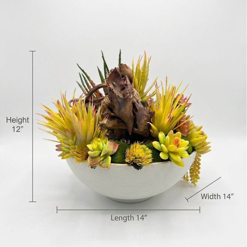 Conception succulente sur un vase rond en argile blanche | Faux arrangement coloré | Grandes plantes grasses