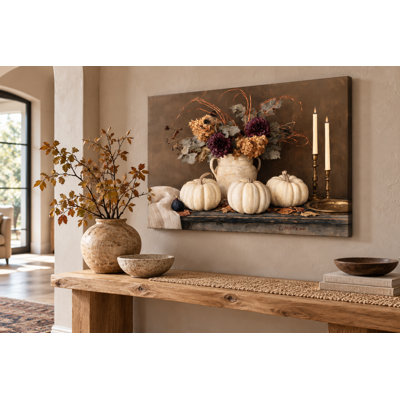 «Graceful Branches Ivory Harvest», art floral sur toile tendue et citrouille