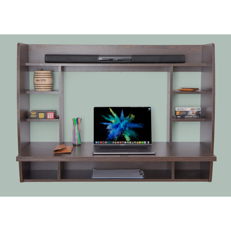 Wall Mounted Brown Laptop Desk with Storage Shelves, Fold Out Writing Workstation for Home Office Study Area, Space Saving Floating Table