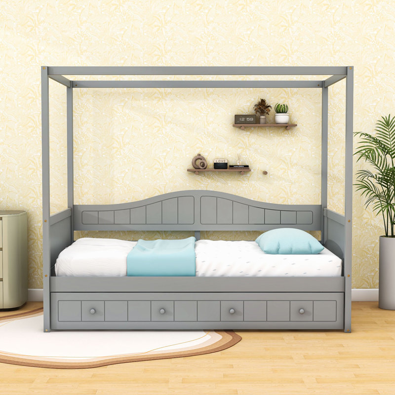 Twin Canopy Daybed with Twin Trundle and Sturdy Slats, Gray