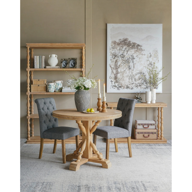 Table de salle à manger ronde 42 po x 32 po, table de cuisine en bois naturel avec base balustre sculptée, style campagnard / rustique / campagne française