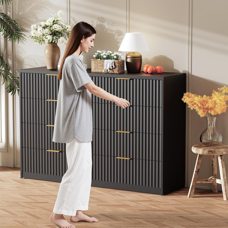 8/9 Drawer Fluted Dresser with Metal Handle, Modern Chest of Drawers for Bedroom & Living Room, Black