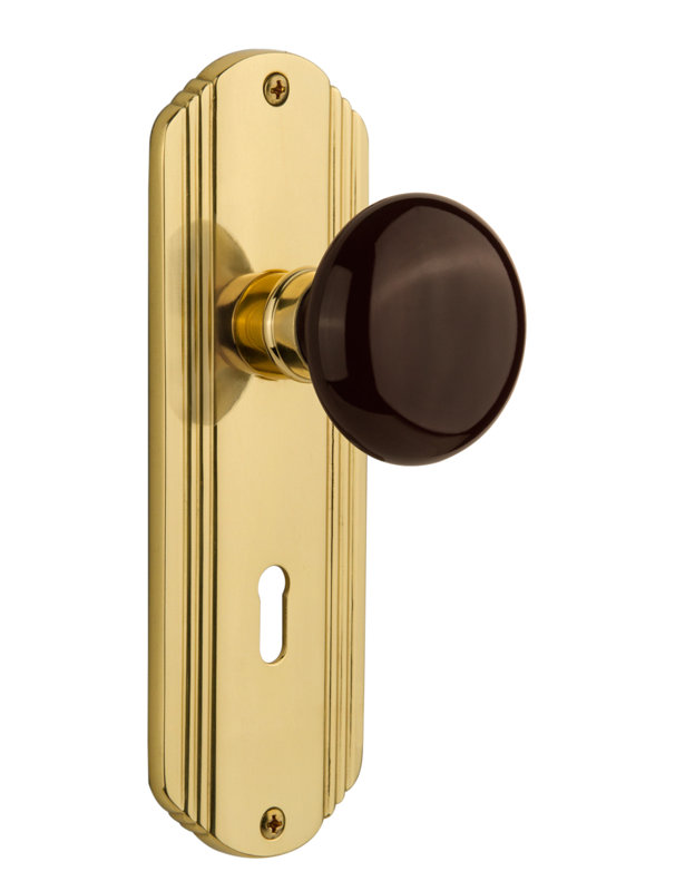 Bouton de porte de mortaise intérieure en porcelaine brune avec plaque longue Deco, Laiton poli