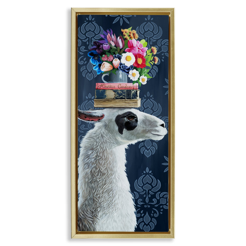 Lama avec cadre flottant livre et arrangement floral, design par Heather Gauthier, H 25 po x l 11 po