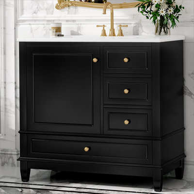 Meuble-lavabo sur pied 36 po avec lavabo en céramique, panneau de fibres à densité moyenne et base en bois massif, 3 tiroirs et armoire avec tablettes, finition noire peinte, meuble-lavabo autoportant avec trous de robinet de 4 po