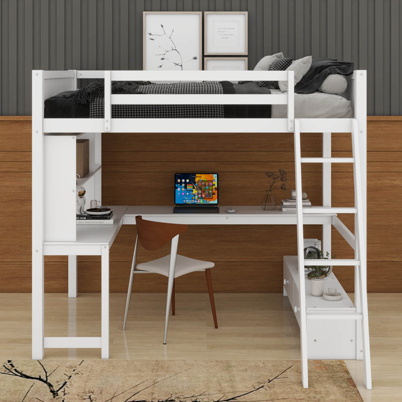 Lit mezzanine double avec bureau en L multi-rangement, lumière DEL et station de charge USB, banc de rangement avec tiroirs