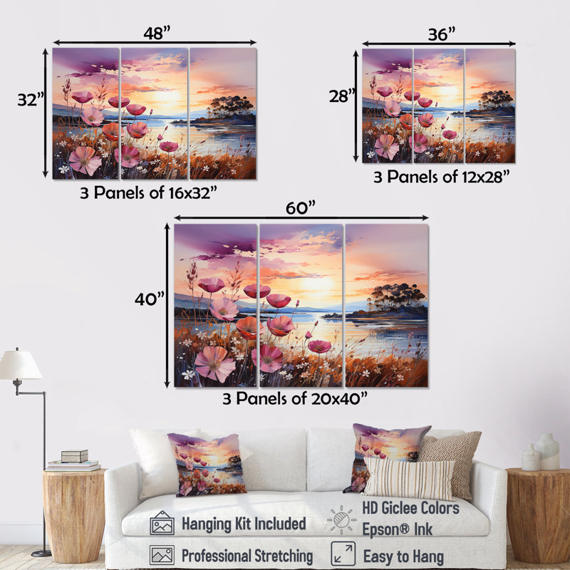 Wildflowers Sunset - Ensemble de décoration murale fleurs sauvages, H 40 po x l 60 po x P 1 po