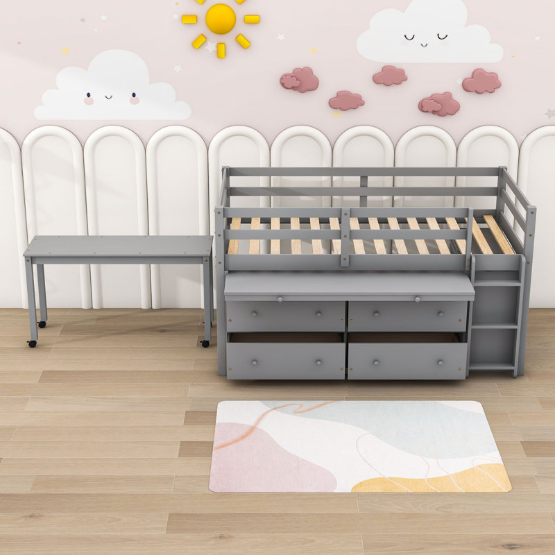 Jahdir 4 Drawers Wood Loft Bed with Retractable Writing Desk, Twin, Gray