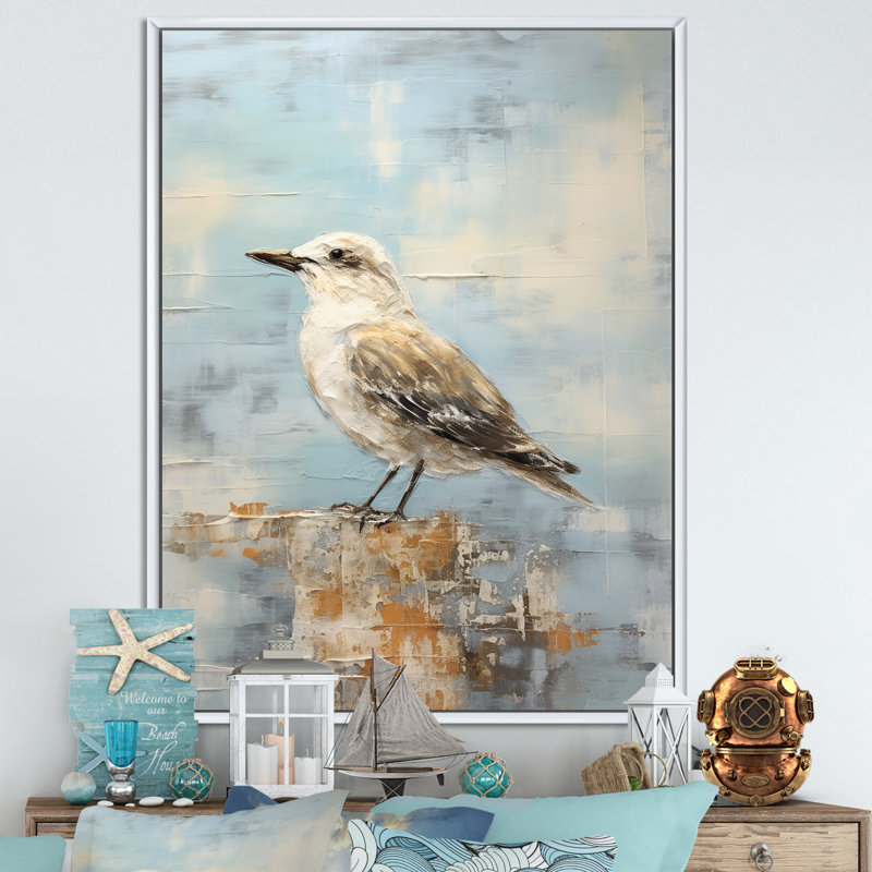 " Beige And Blue Seagull Tranquillity ", 32" H x 16" W x 1" D, White Floater Framed