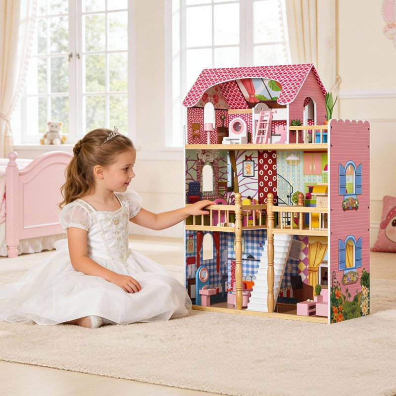 Wooden Dollhouse 3-Story with 14-Piece Furniture, Balcony & Stairs, for Kids 3+