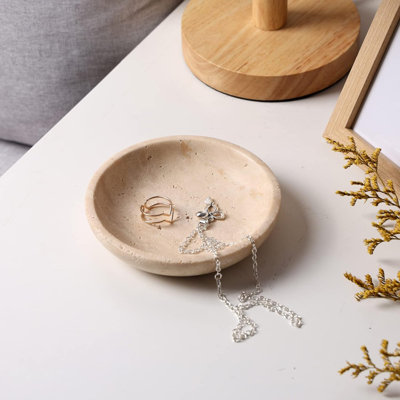 Marble Travertine Ring Dish Jewelry Tray 5.5" for Women, Marble Trinket Dish for Key Earring Nightstand, Mother's Day Engagement Birthday Gift - Beige Travertine