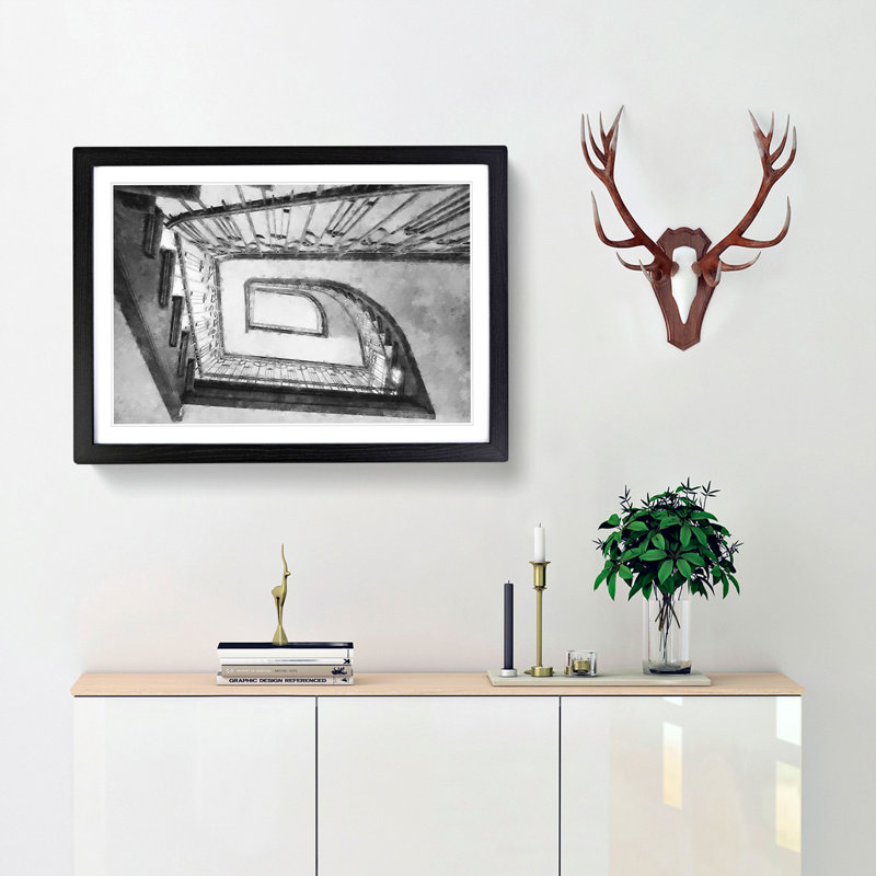 Rectangular Staircase - Framed Print, 45cm H x 63cm W x 2cm D, Black Framed