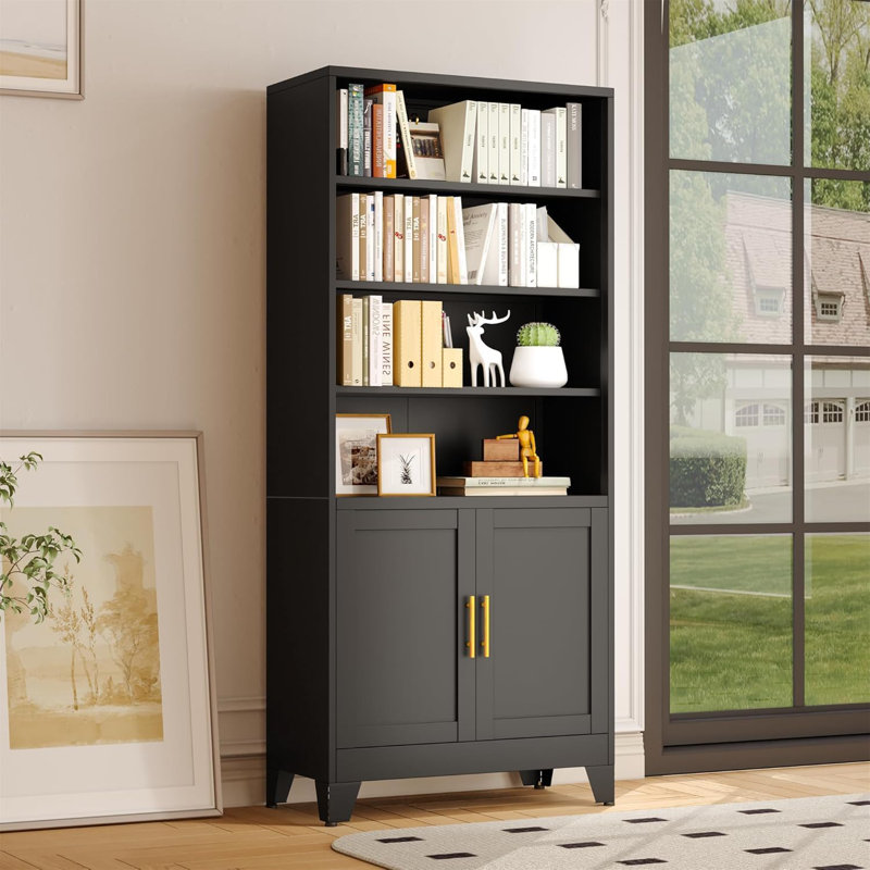 Latitude Run® 75.2''H Open Freestanding Display Storage Cabinet With Adjustable Stoarage Shelves And Doors, Black