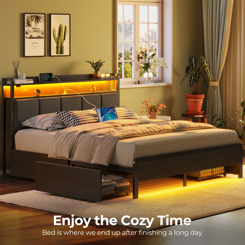Franzi Bed with Storage Headboard, Bed Frame with 4 Storage Drawers, Charging Station and RGB  LED Lights