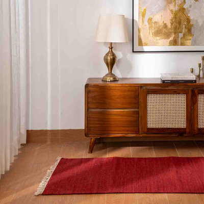 Tapis Alithea tissé à plat en laine Kilim écologique - 76 x 244 cm, modèle Hallyway | Couleur bourgogne | Motif uni | Tapis de salon et de chambre