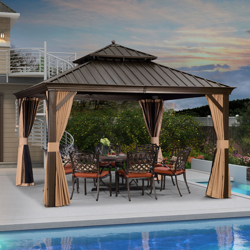 PURPLE LEAF Hardtop Gazebo 12' X 12' with Netting and Curtains Patio Gazebos with String Lights
